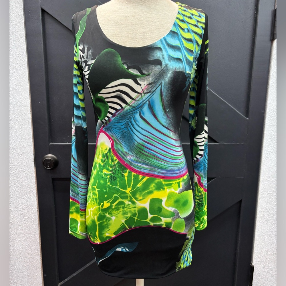 Y2K Yom Yom Abstract Bodycon Dress M Colorful Zebra Print Psychedelic 90s Rave